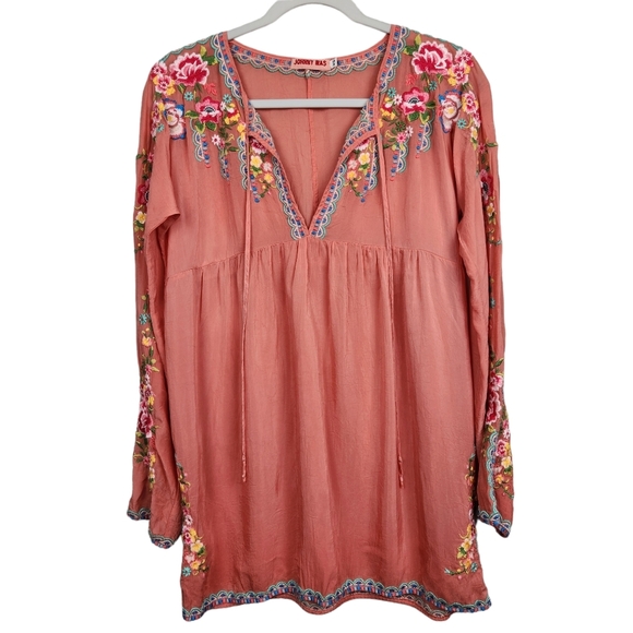 Johnny Was Tops - Johnny Was Coral Embroidered Boho Peasant Floral Blouse Women's Size XS